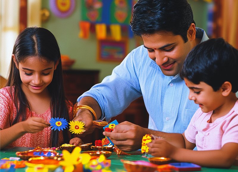 A father and children enjoying a creative activity together