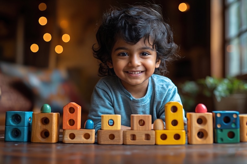 Indian child smiling while building skills through play