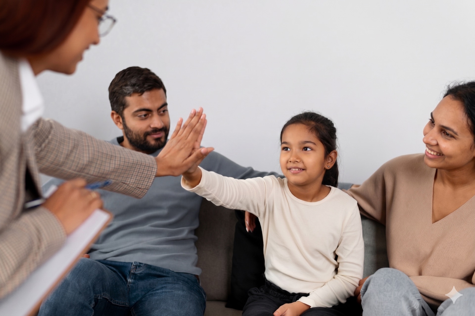 Family and therapist celebrating a child's milestone at Reach N Rise